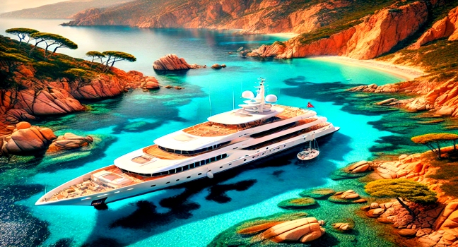 A luxurious yacht anchored near Sardinia's crystal-clear waters, surrounded by vibrant cliffs and lush greenery, showcasing Mediterranean elegance