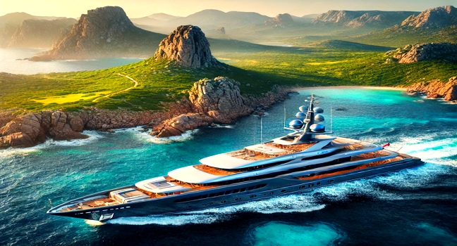 A sleek luxury yacht cruising near Sardinia's picturesque coastline, with rugged cliffs, vibrant greenery, and crystal-clear waters under sunny skies