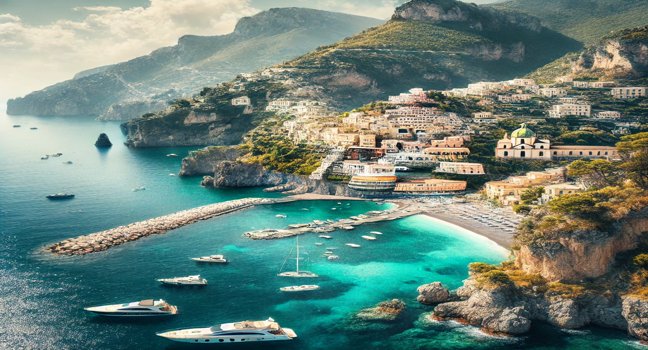 A stunning view of the Amalfi Coast featuring crystal-clear waters, rugged cliffs, and picturesque Italian villages. A perfect representation of Italy’s charm and elegance