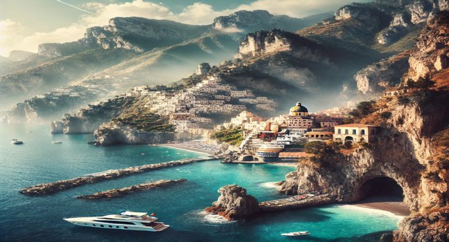 A stunning scenic view of the Amalfi Coast with crystal-clear waters, rocky cliffs, and charming Italian villages nestled in the hills. A perfect showcase of Italy’s beauty