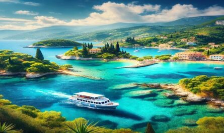 A scenic view of Corfu's turquoise waters and green hills, with a small boat cruising peacefully along the coastline