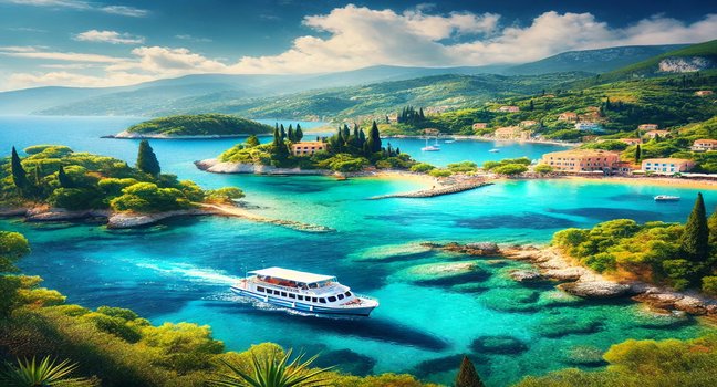 A scenic view of Corfu's turquoise waters and green hills, with a small boat cruising peacefully along the coastline