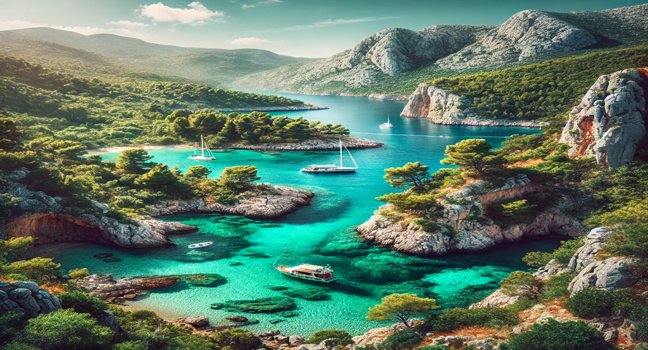 A scenic view of the Croatian coast with turquoise waters, lush green landscapes, and rocky cliffs. A peaceful and stunning representation of Sardinia Yacht Charter's natural beauty