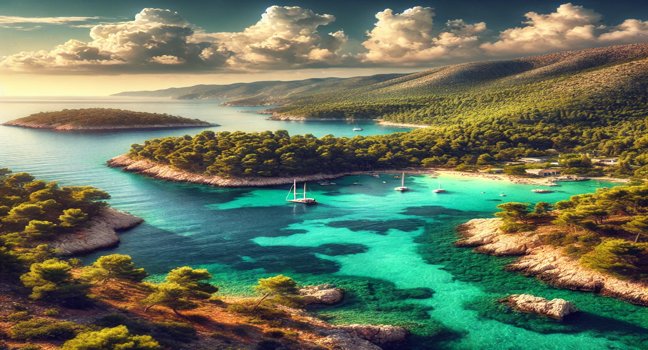 A scenic view of the Croatian coast with turquoise waters, lush green landscapes, and rocky cliffs. A peaceful and stunning representation of Yacht Charter Croatia​'s natural beauty