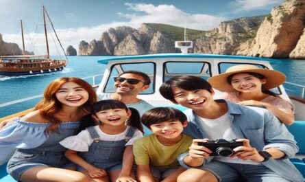 A family enjoying a sightseeing boat trip on a sunny day, passing by scenic landscapes, cliffs, and calm blue waters