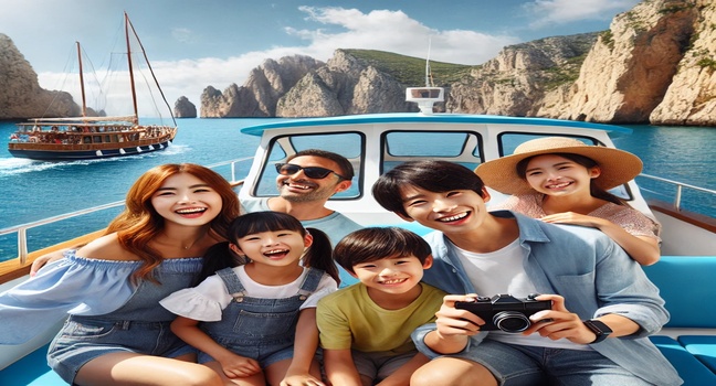 A family enjoying a sightseeing boat trip on a sunny day, passing by scenic landscapes, cliffs, and calm blue waters