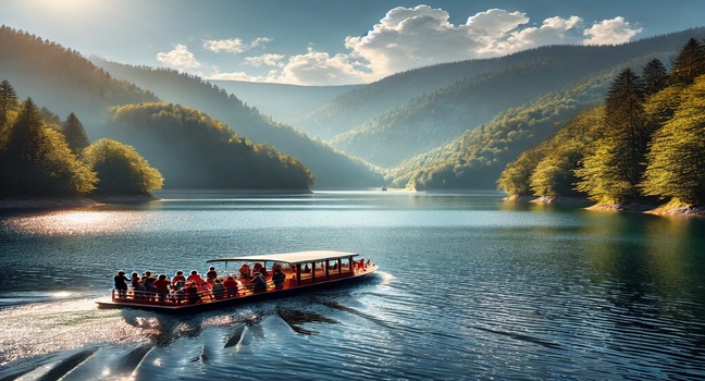 A small group of people enjoying a scenic sightseeing boat trip on a tranquil lake surrounded by forested hills under a sunny sky