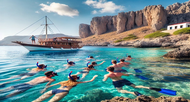 A group of friends snorkeling and enjoying water activities near a boat in Rhodes, Greece, surrounded by a clear blue sea and rocky cliffs under a sunny sky