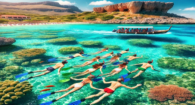 A group of travelers boating around in St. Paul's Bay, Rhodes, with vibrant marine life visible in the crystal-clear waters and a scenic coastline in the background