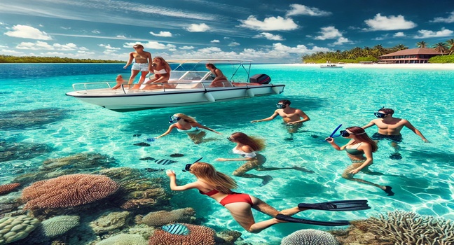 A group of friends snorkeling near a rental boat in crystal-clear turquoise waters, with vibrant marine life and a tropical coastline in the background