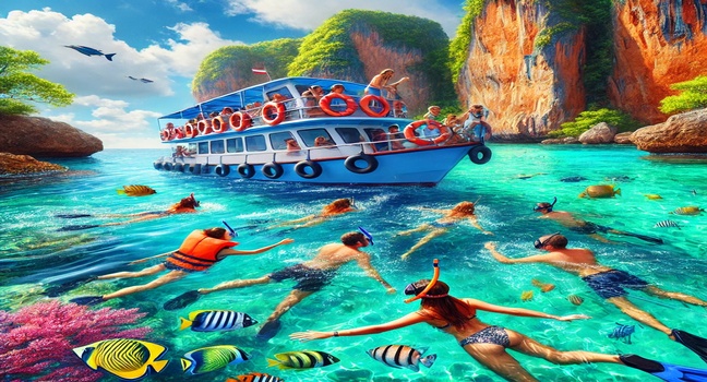 A group of travelers snorkeling near a tour boat in vibrant turquoise waters, surrounded by colorful marine life and rocky cliffs under a sunny sky