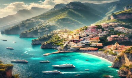 A breathtaking view of the Amalfi Coast featuring turquoise waters, dramatic cliffs, and colorful hillside villages. A perfect showcase of Italy’s coastal beauty