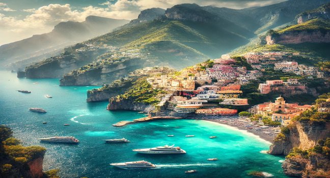 A breathtaking view of the Amalfi Coast featuring turquoise waters, dramatic cliffs, and colorful hillside villages. A perfect showcase of Italy’s coastal beauty