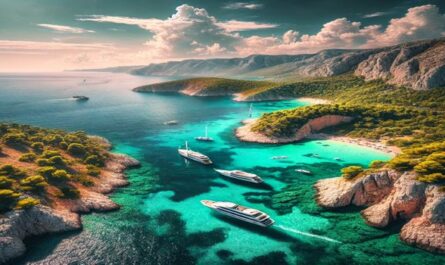 A breathtaking view of the Croatian coastline with turquoise waters, rocky cliffs, and lush green landscapes. A perfect showcase of Croatia’s natural beauty