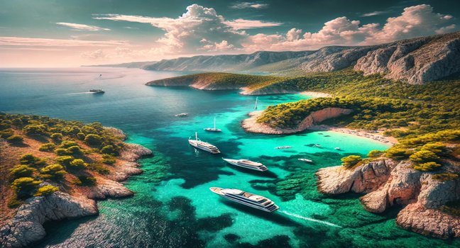 A breathtaking view of the Croatian coastline with turquoise waters, rocky cliffs, and lush green landscapes. A perfect showcase of Croatia’s natural beauty