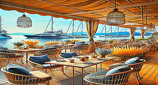 An elegant outdoor cafe near the sea with nautical-themed settings, evoking the charm of Marina Yachting Donna