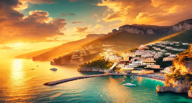 A breathtaking sunset over the Amalfi Coast, with golden skies reflecting on turquoise waters and rugged cliffs. A peaceful and warm view of Italy’s stunning coastline