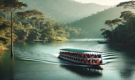 A peaceful touring boat carrying tourists on a calm river surrounded by dense greenery. The clear sky and serene atmosphere create a relaxing and scenic experience