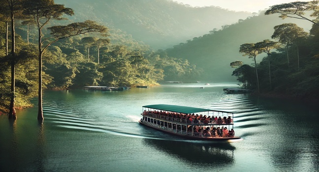 A peaceful touring boat carrying tourists on a calm river surrounded by dense greenery. The clear sky and serene atmosphere create a relaxing and scenic experience