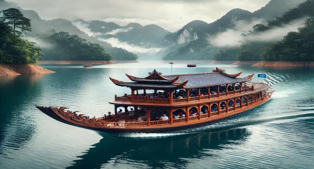 A serene view of a traditional wooden tourist boat cruising on a calm lake, surrounded by misty mountains and lush forests, offering a peaceful escape