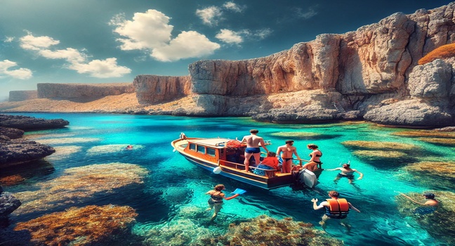 A group of travelers on a small boat near Rhodes, Greece, getting ready to snorkel in crystal-clear waters surrounded by rocky cliffs under a sunny sky