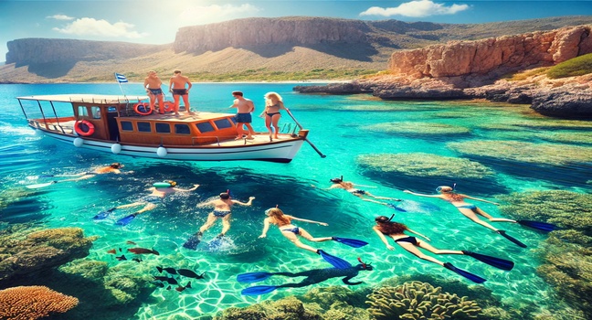 A group of travelers snorkeling and swimming near a small boat in the crystal-clear waters of Rhodes, Greece