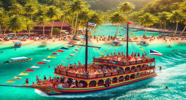 A colorful tourist boat sailing through crystal-clear turquoise waters, adorned with flags and carrying a lively crowd near a tropical beach with palm trees