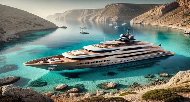 A luxurious yacht anchored in a tranquil bay, surrounded by crystal-clear waters and breathtaking coastal cliffs, offering the perfect Yacht Costo experience