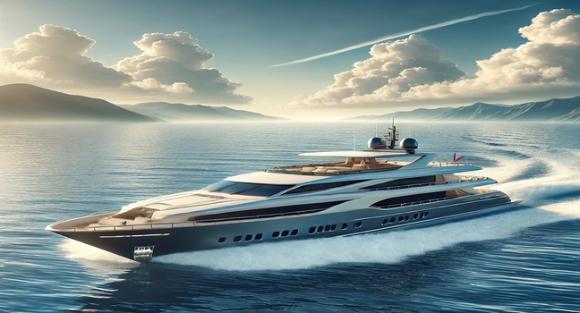 A luxurious yacht cruising on the open sea under clear skies, offering a perfect representation of the Yacht Vendita concept with elegance and style