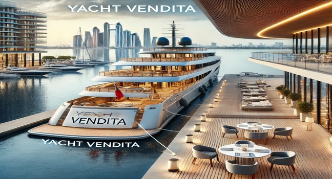 A luxurious yacht docked at a modern marina, featuring an elegant design, stylish waterfront, and calm waters, perfect for a Yacht Vendita experience