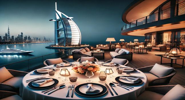 Enjoy a luxurious dining experience in Dubai with a stunning view of the Burj Al Arab, capturing the elegance of yacht-inspired lifestyles