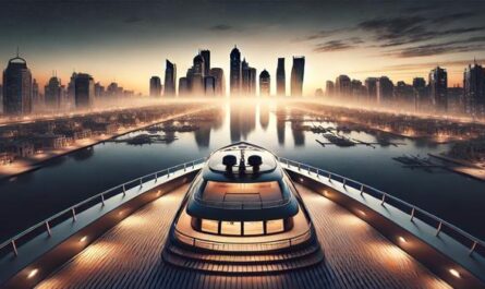 Experience the beauty of the Dubai Marina skyline at sunset, viewed from a luxurious yacht setting, emphasizing elegance and exclusivity