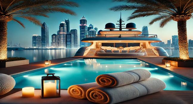 Unwind by a serene poolside with ambient lighting and a view of the Dubai skyline, offering a peaceful, yacht-inspired spa experience