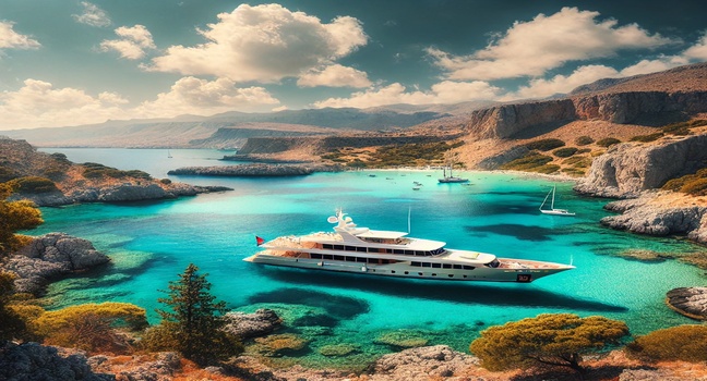 A yacht anchored in Anthony Quinn Bay near Rhodes, surrounded by crystal-clear turquoise waters, rugged cliffs, and lush greenery under a bright sunny sky