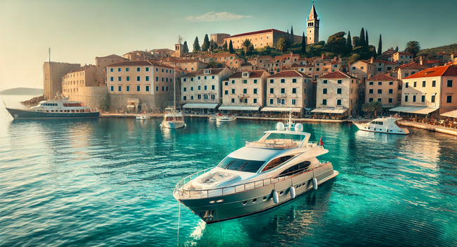 Eine luxuriöse Yacht ankert im ruhigen, türkisblauen Wasser vor der Altstadt Rijeka