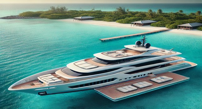 Discover a luxurious modern yacht with a sleek design, spacious deck, and tropical backdrop. Perfect for those exploring yachts to buy