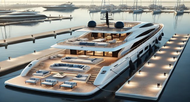 Explore a modern yacht docked in a pristine marina with spacious seating and high-end amenities. A perfect option for buyers seeking luxurious yachts