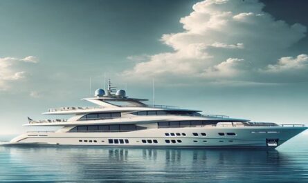 A sleek white luxury yacht for sale, cruising on a calm sea under a clear blue sky, showcasing elegance and modern design