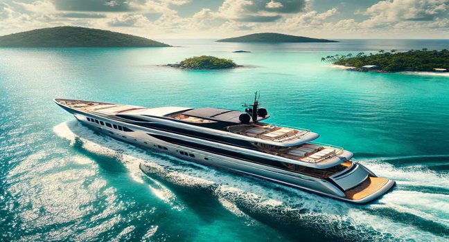 A pristine motor yacht for sale, cruising on turquoise waters near a tropical island, with modern features and luxurious appeal