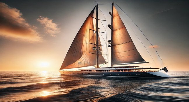 A premium sailing yacht for sale, captured at sunset on open waters, highlighting its large sails and graceful design