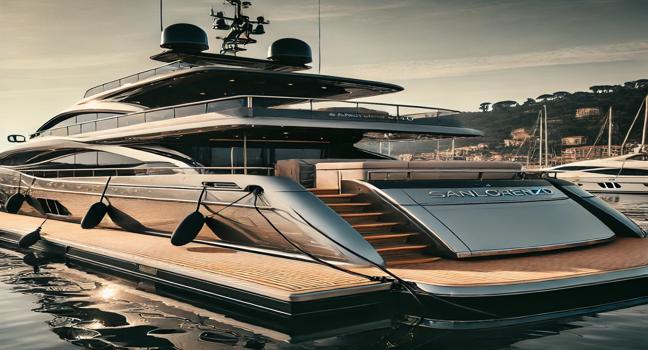 A high-end Sanlorenzo yacht docked at a scenic marina, reflecting sunlight on its premium build. The spacious deck and modern aesthetics emphasize comfort and sophistication