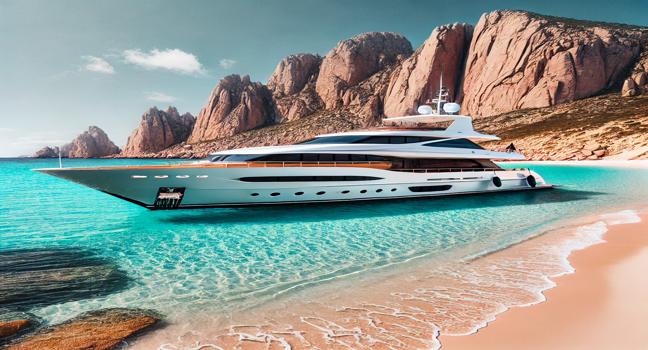 A high-end Sardinia boat charter docked at a sandy beach with turquoise waters, featuring a sleek design and spacious sunbathing areas