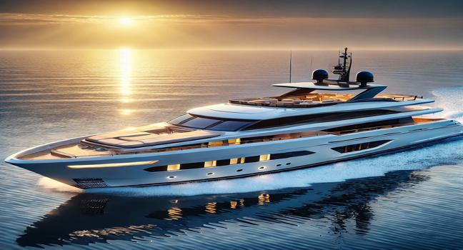 A stunning Ferretti yacht sailing through calm blue waters during sunset. The sleek white hull and elegant deck design highlight the yacht’s luxurious craftsmanship