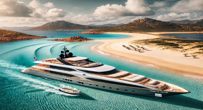 A luxurious Sardinia boat charter cruising along a stunning beach with golden sand and crystal-clear waters. The sleek yacht offers sunbathing areas and is surrounded by scenic views