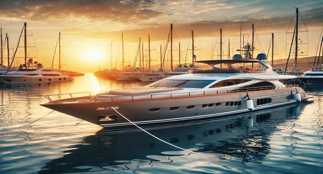 A well-maintained used yacht (Yacht Vendita Usato) docked at a beautiful marina during sunset, showcasing elegance and luxury