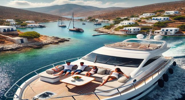 Enjoy a peaceful family boat charter in Greece, relaxing near scenic islands with crystal-clear waters