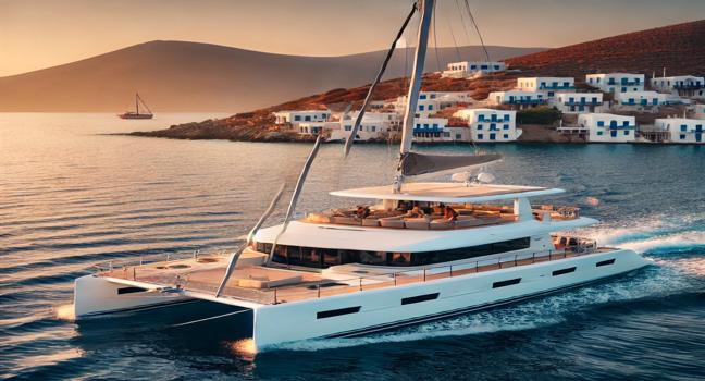 Experience a luxury catamaran sailing trip in Greece, gliding through crystal-clear waters under the Mediterranean sun