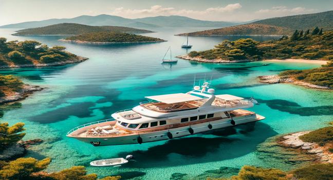 Relax on a peaceful boat charter in Greece, anchored in a secluded bay with stunning coastal views