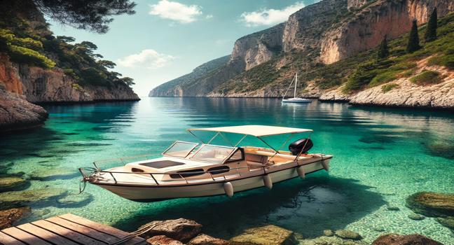 Enjoy a peaceful boat rental in Greece, exploring hidden bays with crystal-clear waters and stunning landscapes