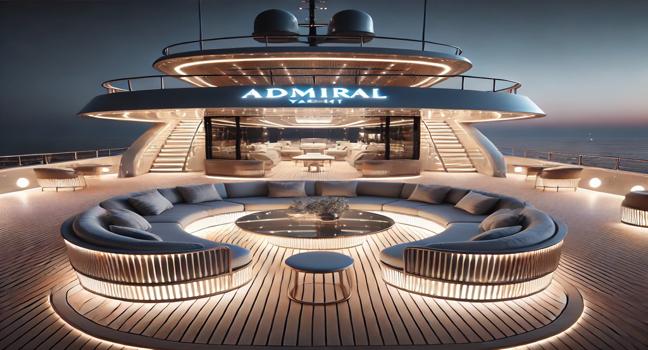 An elegant night-time yacht deck with luxurious seating. The warm lighting and gentle sea reflections create a serene and exclusive ambiance